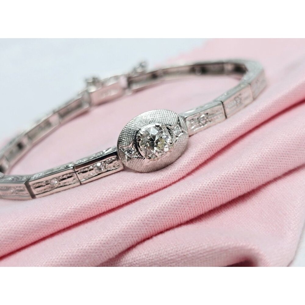 Vintage 14K Karat Solid White Gold Old Cut Diamond Tennis Link Bracelet 6.50" L